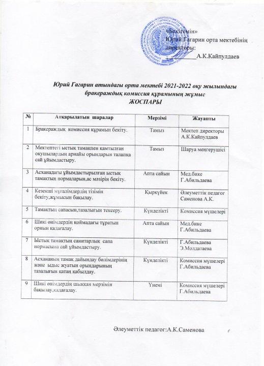 Брокераждық комиссия құрамының жұмыс жоспары