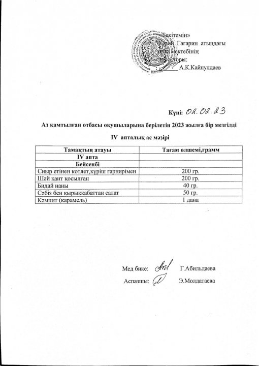 Аз қамтылған отбасы оқушыларына ақпан айының бір мезгілді ас мәзірі