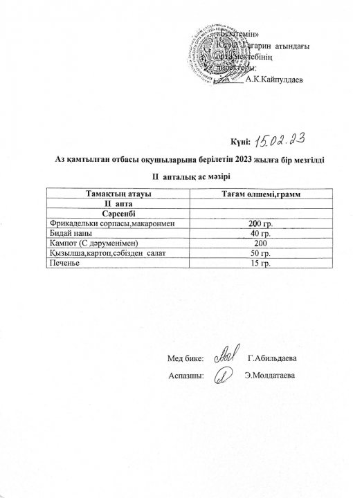 Аз қамтылған отбасы оқушыларына ақпан айының бір мезгілді ас мәзірі