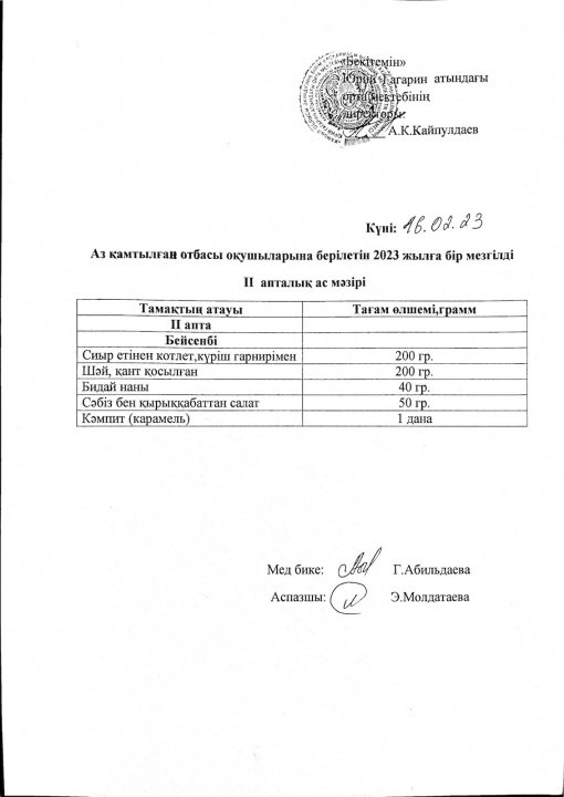 Аз қамтылған отбасы оқушыларына ақпан айының бір мезгілді ас мәзірі