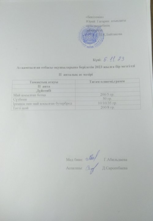 Аз қамтылған отбасы оқушыларына берілетін бір мезгілді ас мәзірі