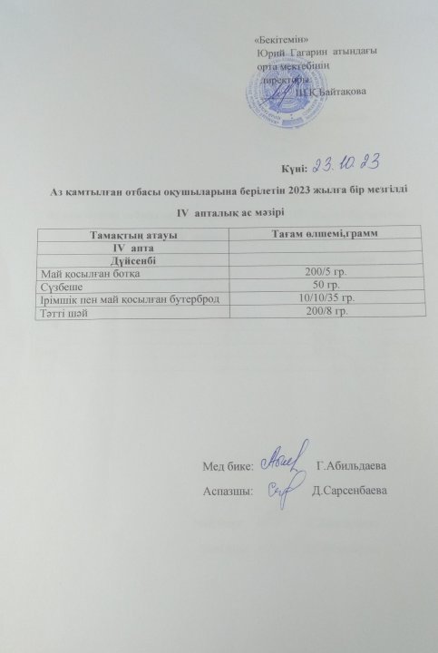 Аз қамтылған отбасы оқушыларына берілетін бір мезгілді ас мәзірі