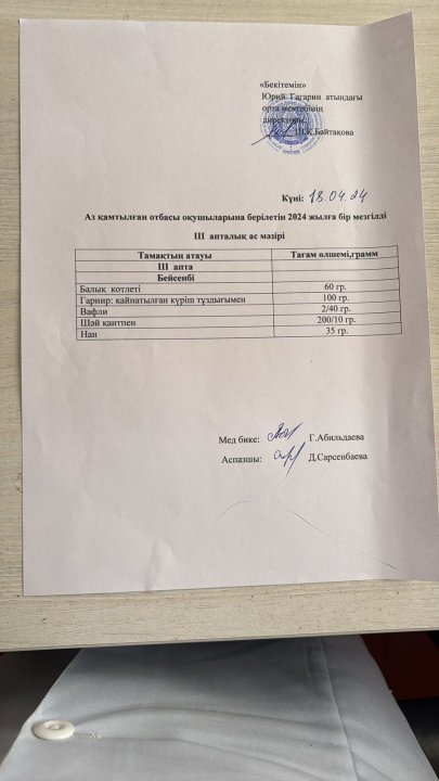Тегін ыстық тамақпен қамтылған оқушылардың 1 күндік ас мәзірі