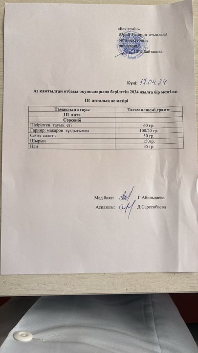 Тегін ыстық тамақпен қамтылған оқушылардың 1 күндік ас мәзірі
