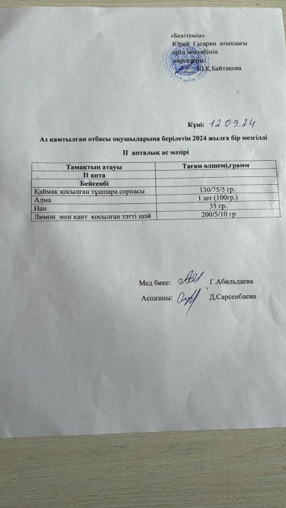 Тегін ыстық тамақпен қамтылған оқушылардың 1 күндік ас мәзірі