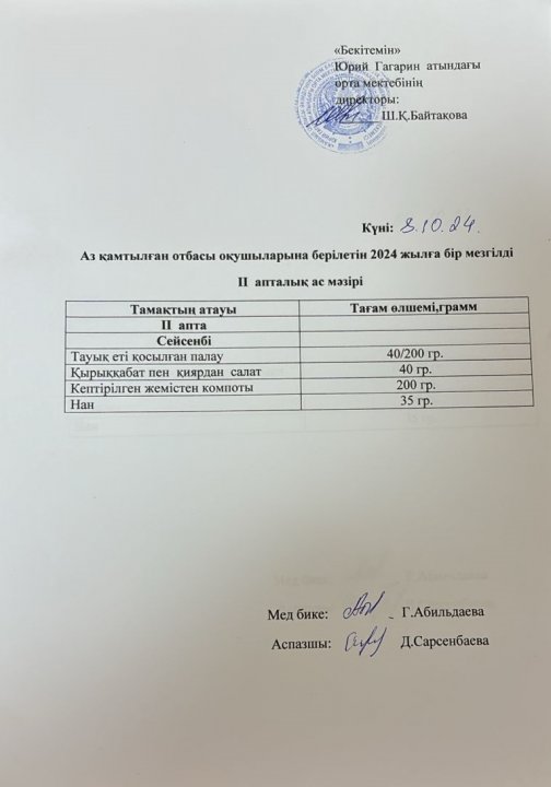 Тегін ыстық тамақпен қамтылған оқушылардың 1 күндік ас мәзірі