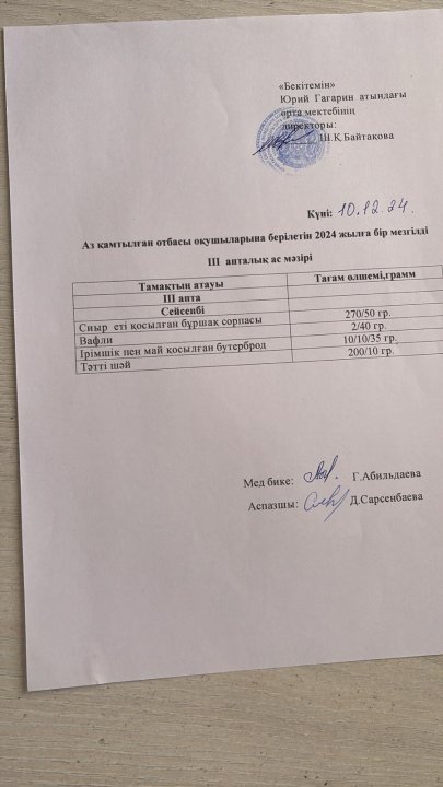 Тегін ыстық тамақпен қамтылған оқушылардың 1 күндік ас мәзірі