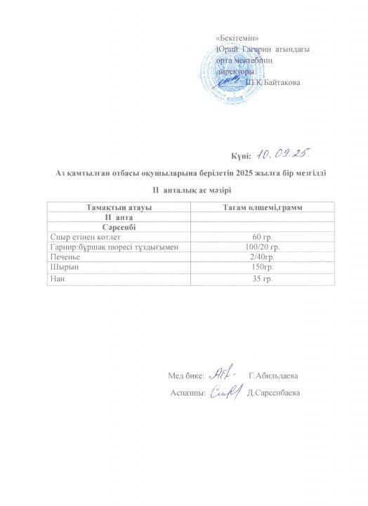 Тегін ыстық тамақпен қамтылған оқушылардың 1 күндік ас мәзірі