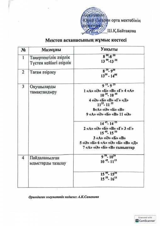 Мектеп асханасының жұмыс кестесі